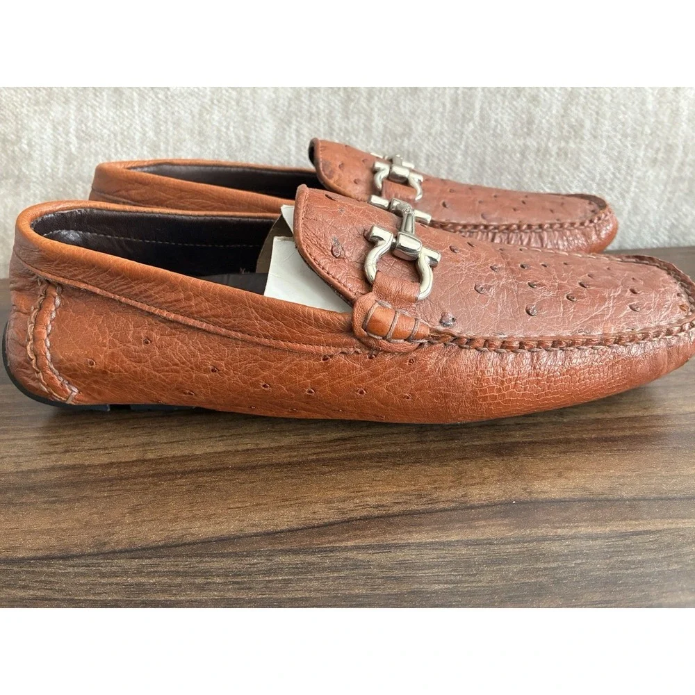 Boozie & Co Genuine Ostrich Quill Driving Moccasins Bit Loafer Cognac Tan Sz 8